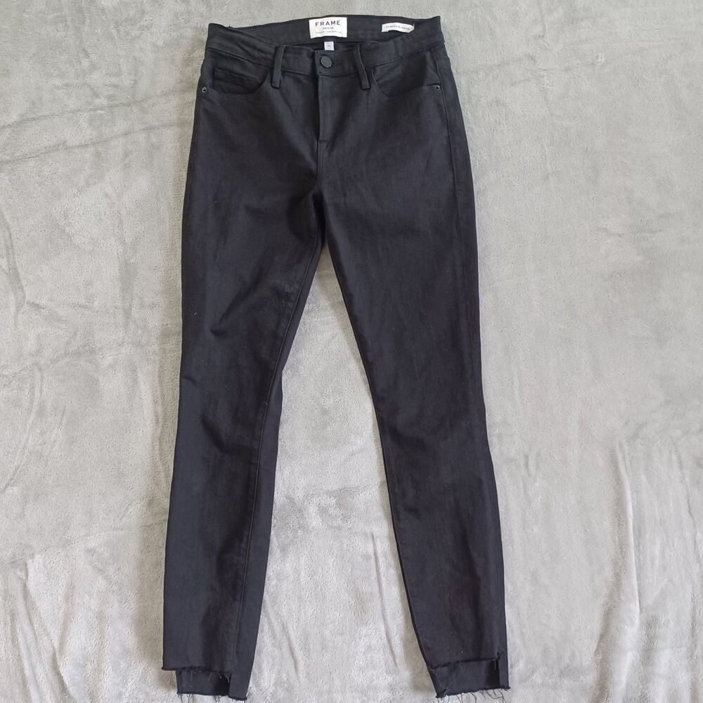 Frame Black Jean Sz 25 Le Skinny De Jeanne Raw Stagger Step Hem Stretch Mid Rise